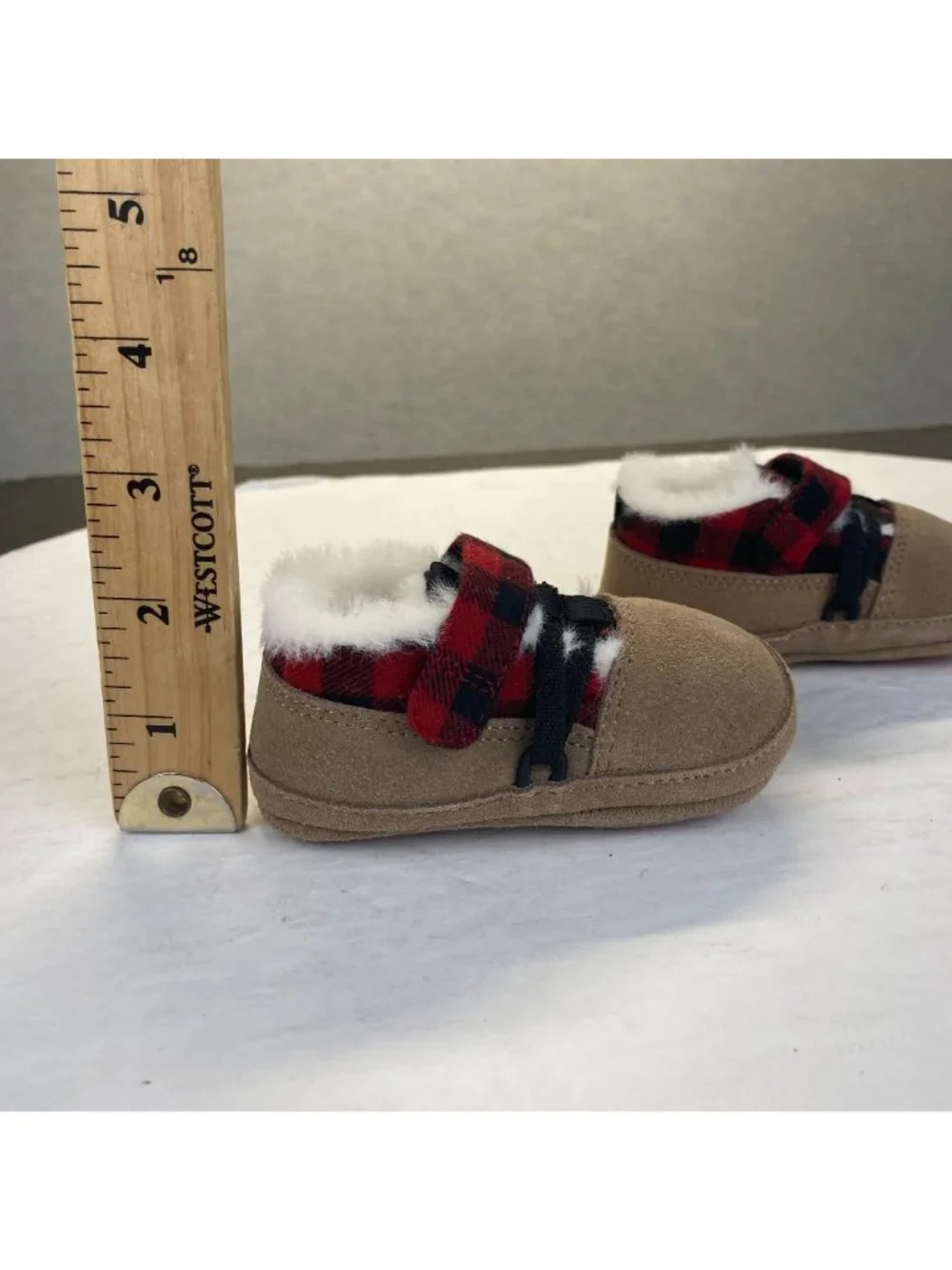 Robeez First Kicks Blake Buffalo Plaid Red Faux Fur Baby Boys Shoes 6-9‎ M,NEW
